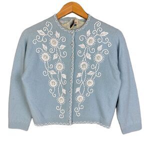 Vintage 50s 60s Angora Wool Beaded Cardigan M Blue White Retro Glam Hong Kong